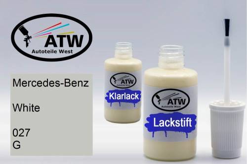 Mercedes-Benz, White, 027 G: 20ml Lackstift + 20ml Klarlack - Set, von ATW Autoteile West.